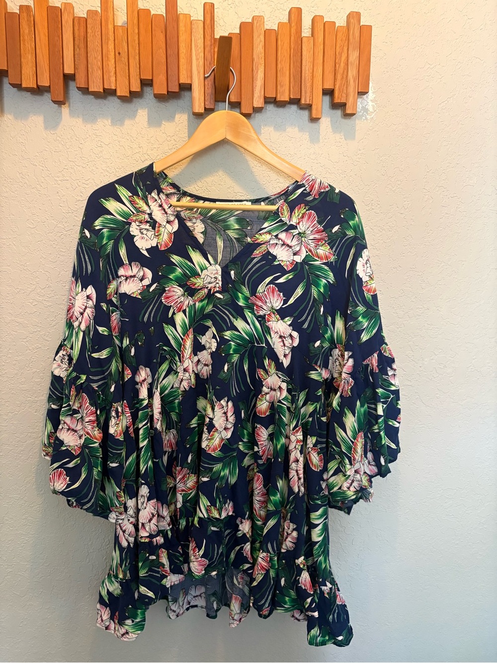 Label of Love Anthropologie Navy Floral Ruffled Bell Sleeve Kaftan Dress